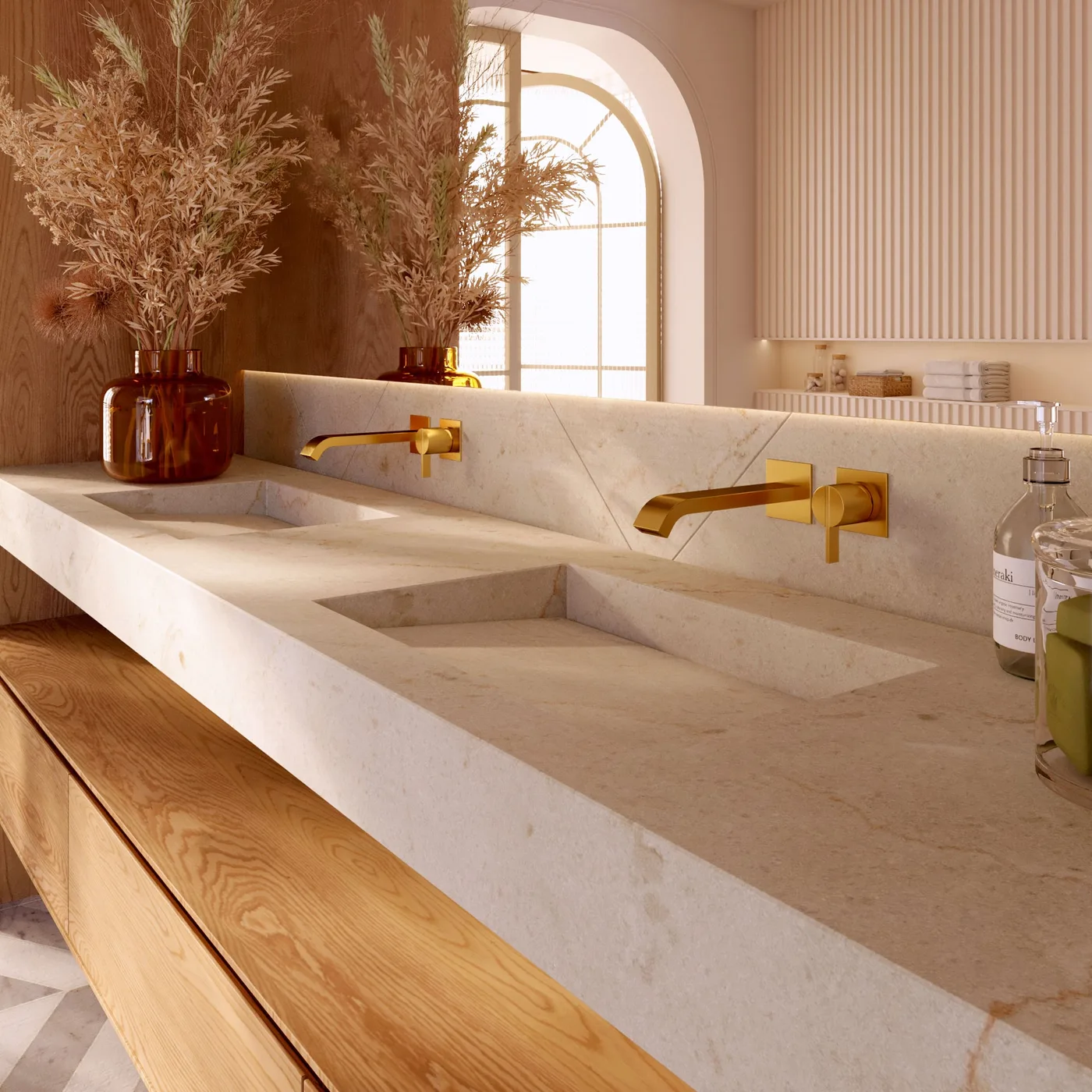 Imagen de referencia de cocina con isla en crema marfil