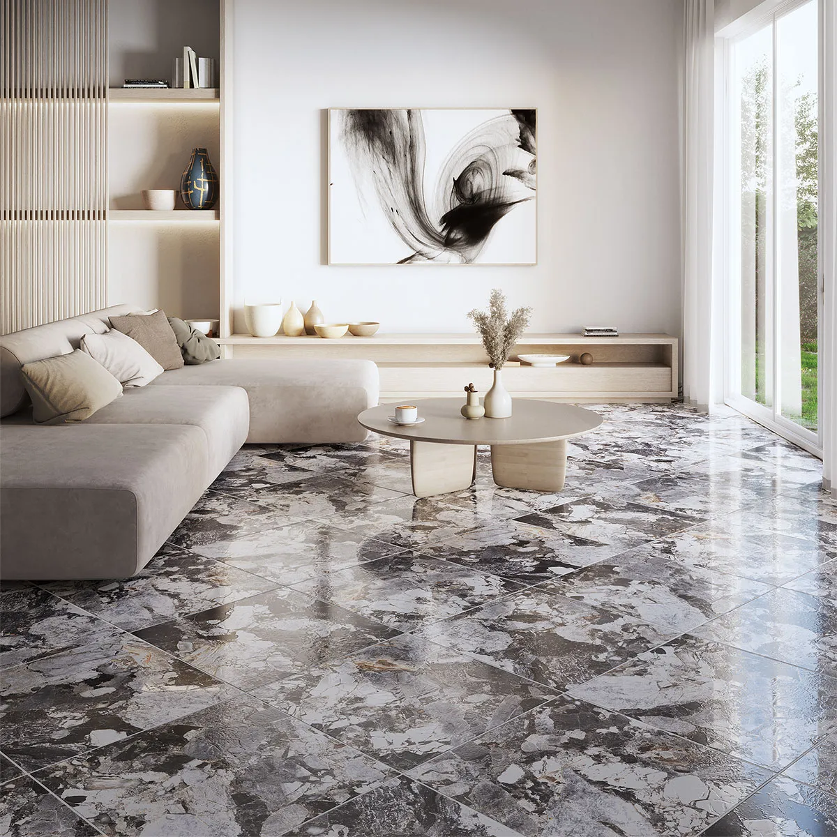 Sala con piso de piedra pulida