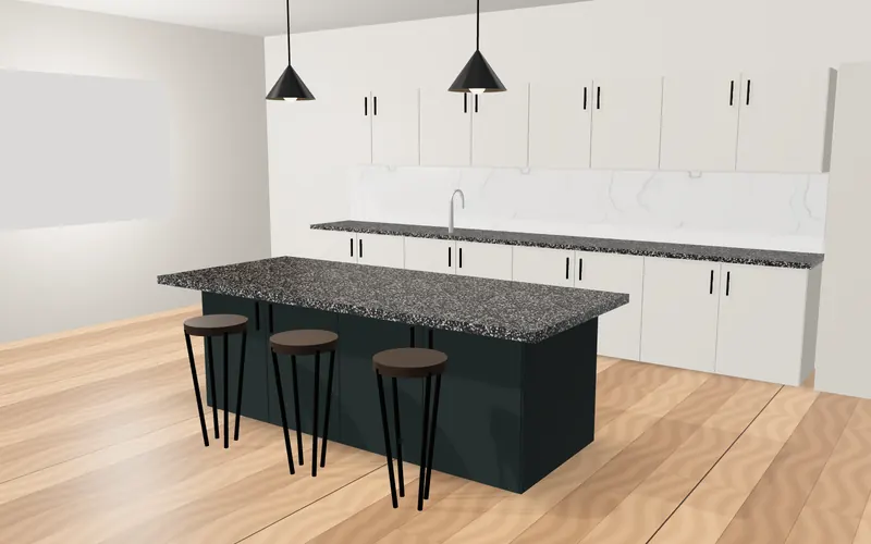 Cocina con isla de granito negro, imagen ilustrativa